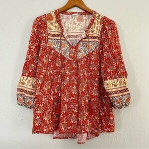 🦋 Jane and Delancey Orange Floral Mid Sleeve Peasant Blouse Boho Large